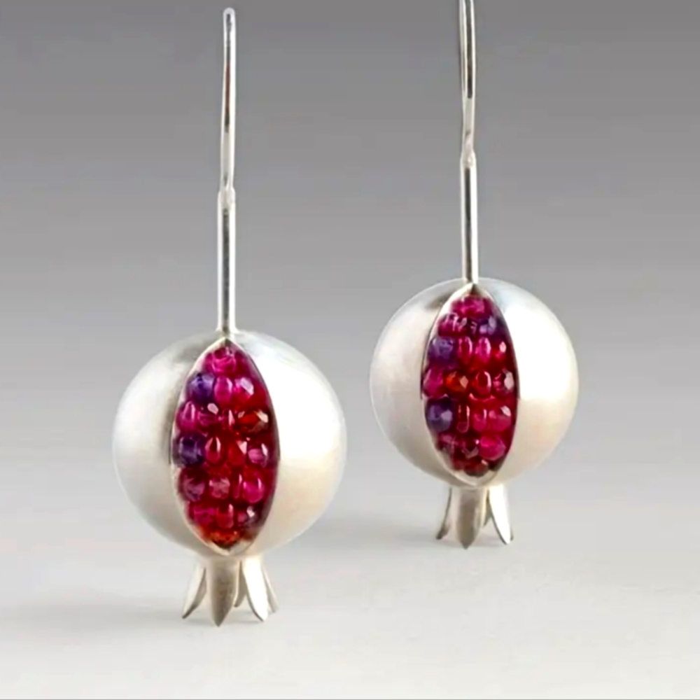 Earrings--Red Pomegranate Drop--silvery or golden wire